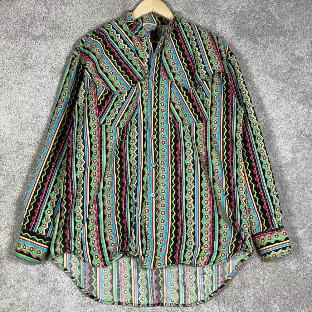 Rodeo Ragz Western Shirt Mens Large Multicolor Geometric Floral Cotton USA Made